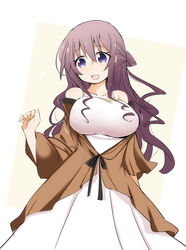  bare_shoulders blue_eyes breasts commentary_request dress female highres kyouzuka_shion large_breasts long_hair long_sleeves open_mouth purple_eyes purple_hair shirogane_(platinum) slow_start solo wide_sleeves 