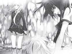  1boy 2girls akatsuki_kojou boots closed_eyes floating_hair frilled_skirt frills greyscale himeragi_yukina jacket knee_boots kneehighs la_folia_rihavein long_hair lying manyako_(mohumohu) miniskirt monochrome multiple_girls non-web_source novel_illustration official_art on_back open_mouth parted_lips photoshop_(medium) saikai_academy_school_uniform school_uniform short_sleeves skirt socks standing strike_the_blood 