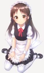  apron bad_id bad_pixiv_id brown_eyes brown_hair closed_mouth commentary_request cotrpopor female full_body hands_on_lap highres idolmaster idolmaster_cinderella_girls long_hair looking_at_viewer maid maid_headdress mary_janes neck_ribbon panties pantyshot ribbon shoes short_sleeves sitting smile solo tachibana_arisu underwear waist_apron wariza white_background white_legwear wrist_cuffs 