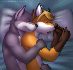  2013 anthro bed blonde_hair blue_markings blush brown_body brown_fur canid canine closed_eyes countershading cuddling digital_media_(artwork) duo fox fur fur_markings furniture grey_body grey_fur hair hand_on_arm hi_res iruga_(theiruga) lan_(zeta-haru)_(character) lying male male/male mammal markings multicolored_body multicolored_fur on_bed on_side open_mouth orange_body orange_fur pillow romantic romantic_ambiance romantic_couple sleeping smile spooning two_tone_body two_tone_fur white_body white_fur zeta-haru 