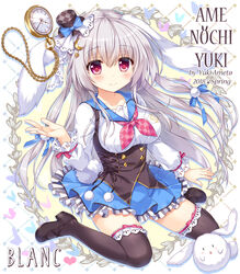  alice_in_wonderland ameto_yuki animal_ears blanc_(ameto_yuki) collar commentary_request female frilled_skirt frills grey_hair hair_ribbon hat long_hair looking_at_viewer mini_hat original pendant_watch pleated_skirt rabbit_ears red_eyes ribbon sailor_collar shoes skirt smile thighhighs underbust watch 