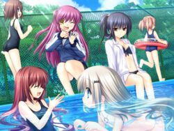  6+girls :d ;d ^_^ a-chan_senpai arizuki_shiina arizuki_ui barefoot bikini black_hair brown_hair chain-link_fence closed_eyes fence futaki_kanata game_cg himuro_yuuki hinoue_itaru innertube jacket kud_wafter light_rays little_busters! long_hair multiple_girls na-ga noumi_kudryavka o-ring o-ring_top one-piece_swimsuit one_eye_closed open_clothes open_mouth open_shirt partially_submerged pool purple_hair quad_tails red_eyes school_swimsuit shirt short_hair sitting smile soaking_feet squatting sunbeam sunlight swim_ring swimsuit track_jacket tree very_long_hair water white_hair yellow_eyes 