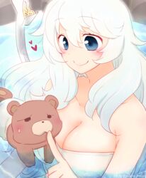  artemis_(fate/grand_order) bare_shoulders bear blue_eyes blush breasts cleavage fate/grand_order fate_(series) female heart orion_(fate/grand_order) smile towel white_hair 