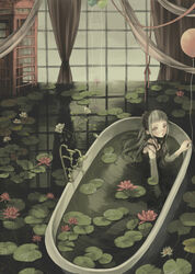  bad_id bad_pixiv_id balloon bathtub black_dress blunt_bangs curtains dress female flood flower gothic_lolita grey_hair hairband indoors lily_pad lolita_fashion lolita_hairband long_hair original partially_submerged phone_booth pink_eyes reflection ringo_komachi rose sleeveless sleeveless_dress solo strap_slip water white_flower white_rose window 