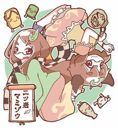  animal_ears bottle brown_eyes brown_hair character_name checkered commentary_request cup dual_persona female futatsuiwa_mamizou futatsuiwa_mamizou_(human) geta glasses gourd hair_ornament hat hekoningyou_(waraningyou) japanese_clothes leaf leaf_hair_ornament leaf_on_head long_hair okobo pince-nez raccoon_ears raccoon_tail sake_bottle sandals scarf short_hair skirt smile tail tokkuri touhou tsukumogami upside-down 