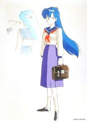  90s armor asou_yuuko bangs bikini_armor blue_eyes blue_hair concept_art female female_warrior game mugen_senshi_valis navel nec official_art official_artwork oldschool pc_engine school_uniform serafuku simple_background skirt solo telenet_japan valis very_long_hair white_background 