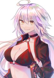  ahoge black_gloves breasts cleavage commentary_request fate/grand_order fate_(series) female gloves highres hikari50503 jeanne_d&#039;arc_alter_(fate) jeanne_d&#039;arc_alter_(swimsuit_berserker)_(fate) katana large_breasts long_hair looking_at_viewer shrug_(clothing) smile solo swimsuit swimsuit_under_clothes sword upper_body weapon white_background yellow_eyes 