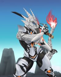  2018 action_pose anthro anthrofied armor barufaruku beak blue_eyes bodysuit breasts capcom claws clothed clothing dragon elder_dragon female fire hi_res holding_object melee_weapon monster_hunter mythological_creature mythological_scalie mythology non-mammal_breasts outside pose scalie simple_background skinsuit sky solo sword tail testowepiwko tight_clothing valstrax weapon 