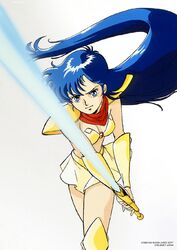  90s armor asou_yuuko attack bangs belt bikini_armor blue_eyes blue_hair boots female game knee_boots looking_at_viewer microskirt midriff miniskirt mugen_senshi_valis navel nec neckerchief official_art official_artwork oldschool pc_engine simple_background skirt solo sword telenet_japan valis valis_sword very_long_hair weapon white_background 