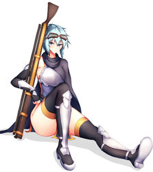  armor black_cape blue_eyes blue_hair blush bracer cape commentary_request female fingerless_gloves full_body gloves goggles goggles_on_head greaves gun kamokatatsumuri knee_up looking_at_viewer muneate rosel_(sennen_sensou_aigis) sennen_sensou_aigis short_hair sitting solo weapon 