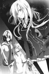  1boy 2girls akatsuki_kojou dress_shirt floating_hair frilled_skirt frills greyscale gun hair_between_eyes highres himeragi_yukina holding holding_gun holding_weapon jacket la_folia_rihavein long_hair manyako_(mohumohu) miniskirt monochrome multiple_girls naked_sweater night non-web_source novel_illustration official_art outdoors parted_lips photoshop_(medium) pleated_skirt polearm shirt short_sleeves skirt smile standing strike_the_blood sweatdrop sweater very_long_hair weapon zipper 