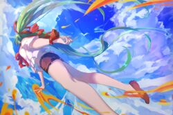  arm_at_side blue_sky cloud commentary_request cumulonimbus_cloud day dutch_angle female from_below green_hair hatsune_miku highres hikari50503 long_hair outstretched_arm sekiranun_graffiti_(vocaloid) shiny_(module) shorts sky solo twintails upshirt vocaloid 