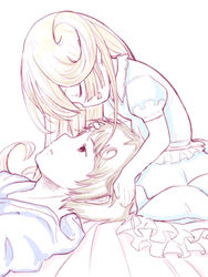  1boy blonde_hair charlotta_(granblue_fantasy) closed_eyes commentary_request facing_another female gran_(granblue_fantasy) granblue_fantasy hand_on_another&#039;s_head harvin lap_pillow leaning_forward long_hair looking_at_another open_mouth puffy_short_sleeves puffy_sleeves short_sleeves size_difference walkalone 