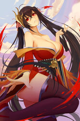  ahoge azur_lane bare_shoulders black_hair breasts cleavage cloud cloudy_sky collarbone commentary crossed_bangs female hair_between_eyes highres japanese_clothes kimono large_breasts long_hair obi ocarino parted_lips red_eyes red_kimono sash sky solo taihou_(azur_lane) thighs very_long_hair 