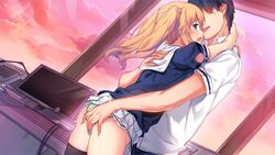  1boy arms_around_neck ass ass_grab black_legwear blonde_hair blue_eyes clothes_lift dutch_angle faceless faceless_male female game_cg green_panties highres hinasaki_you hitotsu_yane_no_tsubasa_no_shita_de hug indoors long_hair non-web_source official_art open_mouth panties pleated_skirt sasaki_kazusa short_sleeves skirt skirt_lift straight striped_clothes striped_panties thighhighs twintails underwear window 