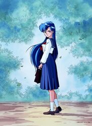  90s asou_yuuko blue_eyes blue_hair female game long_hair long_skirt looking_at_viewer looking_back mugen_senshi_valis nec official_art official_artwork oldschool outdoors pc_engine school_uniform serafuku skirt solo student telenet_japan valis very_long_hair 