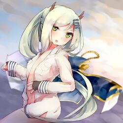  an_shan_(azur_lane) azur_lane cathayan commentary_request female fingerless_gloves gloves green_eyes green_hair horns long_hair naked_shirt shirt solo 