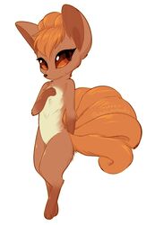  2017 anthro big_eyes brown_body brown_fur canid canine english_text female fur generation_1_pokemon hair hi_res long_hair looking_at_viewer mammal multi_tail nintendo nude orange_sclera paws pokemon pokemon_(species) red_body red_eyes red_fur red_hair semi-anthro signature simple_background solo tail taykoe text vulpix white_background 