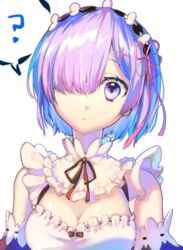  :o ? bare_shoulders blue_hair breasts cleavage commentary_request detached_sleeves female hair_ornament hair_over_one_eye highres hikari50503 large_breasts looking_at_viewer maid pink_ribbon purple_eyes purple_hair re:zero_kara_hajimeru_isekai_seikatsu rem_(re:zero) ribbon short_hair solo spoken_question_mark upper_body x_hair_ornament 