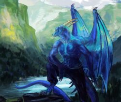  anthro athletic athletic_anthro athletic_male black_eyes black_sclera blue_body blue_skin bottomwear claws clothed clothing dragon feet hi_res horn lake male mythological_creature mythological_scalie mythology outside pants scalie sidj-6 solo tail toes topless twitch_(twitch) wings 