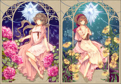  2girls barefoot braid brown_hair cape commentary_request dress flower green_eyes hairband long_hair multiple_girls original photoshop_(medium) rudbeckia short_hair sitting tears urita 