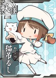  batsubyou blush brown_hair chibi commentary_request donald_duck_sailor_hat error_musume feline female girl_holding_a_cat_(kancolle) hair_ribbon hat kantai_collection open_mouth ribbon sailor satsuki_mei_(sakuramochi) shoshinsha_mark solid_oval_eyes solo thighhighs white_thighhighs 