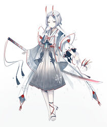  1boy androgynous anklet bad_id bad_pixiv_id barefoot commentary_request full_body grey_hair hairband horns jewelry katana male_focus necklace onmyoji pale_skin ramune. red_eyes skin-covered_horns snow_rabbit snowflake_print snowflakes solo standing sword weapon yuki_douji_(onmyoji) 