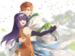  blue_hair cyaca_ab dancing female fingerless_gloves fire_emblem fire_emblem:_akatsuki_no_megami fire_emblem:_souen_no_kiseki gloves green_eyes hairband headband long_hair looking_at_viewer orange_eyes orange_hair rhys smile straight wayu_(fire_emblem) white_hairband 