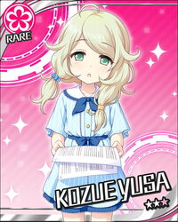  ahoge blonde_hair blue_dress buttons card_(medium) character_name dress female green_eyes holding idolmaster idolmaster_cinderella_girls kuudere looking_at_viewer official_art open_mouth paper platinum_blonde_hair ribbon simple_background solo twintails yusa_kozue 