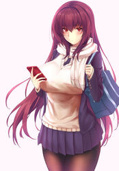  absurdres alternate_costume bag blush breasts casual cellphone commentary_request fate/grand_order fate_(series) female highres hip_focus jacket large_breasts long_hair looking_at_viewer lun7732 open_clothes open_jacket pantyhose phone pleated_skirt purple_hair purple_jacket purple_skirt red_eyes scarf scathach_(fate) school_bag simple_background skirt solo sweater thighs white_background white_sweater 