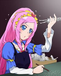  blue_eyes blush box carving commentary_request cure_sword dokidoki!_precure eyelashes female figure heart hobby_knife long_hair marie_ange pink_hair precure solo thighhighs tj-type1 upskirt 