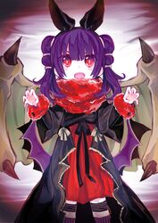  animal_ears bat_ears commentary_request dragon_wings dress fake_animal_ears female fire_emblem fire_emblem:_the_sacred_stones fire_emblem_heroes fur_trim halloween halloween_costume highres ku_zensen long_sleeves multi-tied_hair myrrh_(fire_emblem) myrrh_(halloween)_(fire_emblem) open_mouth protected_link purple_hair red_eyes solo standing twintails wings 