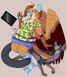  2018 ambiguous_gender anthro avian avian_feet beak bird chimera clothed clothing digital_media_(artwork) drawing_tablet duo feathered_wings feathers felid feline female feral fur grumpy_griffin_creations gryphon hair half-beak hi_res hybrid japan_studio_(game_developer) kiwi_(bird) looking_at_viewer mammal mazzy_techna mythological_avian mythological_creature mythology nintendo open_beak open_mouth open_smile plushie pokeball pokemon ratite scaled_legs scutes simple_background smile sony_corporation sony_interactive_entertainment standard_pokeball the_last_guardian trico_(species) trico_(the_last_guardian) wings 