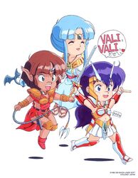  90s ^_^ armor arms_up asou_yuuko bangs blue_eyes boots cham chibi closed_eyes game happy knee_boots long_hair long_pointy_ears midriff miniskirt mugen_senshi_valis multiple_girls nec neckerchief official_art official_artwork oldschool open_mouth pc_engine pointy_ears sd short_hair sidelocks simple_background skirt smile speech_bubble sword telenet_japan valis valis_iii valis_sword valna very_long_hair weapon whip white_background white_skirt 