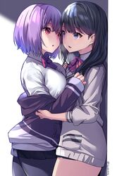  2girls :o against_wall black_hair blue_eyes blush breast_press breasts cardigan commentary day eye_contact from_side gendo0032 gridman_universe large_breasts long_hair looking_at_another miniskirt multiple_girls open_mouth pantyhose parted_lips pink_eyes pleated_skirt purple_hair shade shinjou_akane short_hair skirt sleeves_past_wrists ssss.gridman symbol-only_commentary takarada_rikka twitter_username wall_cross-section yuri 