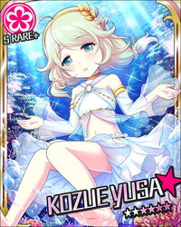  ahoge blonde_hair blush card_(medium) character_name coral detached_sleeves female green_eyes idolmaster idolmaster_cinderella_girls kuudere midriff navel official_art open_mouth platinum_blonde_hair see-through skirt solo twintails underwater white_skirt yusa_kozue 