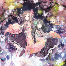  2girls absurdres black_skirt bow brown_eyes brown_hair cherry_blossoms clara_(claris) claris_(group) crescent crescent_hair_ornament floating_hair frills full_body green_bow green_eyes hair_ornament hair_ribbon hairbow highres holding japanese_clothes karen_(claris) kimono long_hair long_skirt looking_at_viewer multiple_girls parted_lips petals red_ribbon ribbon skirt takano_otohiko yagasuri 