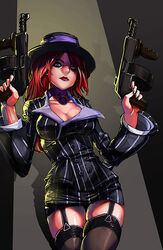  blue_eyes breasts choker cleavage commentary crime_city_miss_fortune drum_magazine dual_wielding english_commentary fedora female formal garter_straps gun hat holding ionen jacket large_breasts league_of_legends long_hair magazine_(weapon) miss_fortune_(league_of_legends) pencil_skirt photoshop_(medium) pinstripe_pattern pinstripe_suit red_hair shiny_skin skindentation skirt skirt_suit solo striped submachine_gun suit thighhighs weapon zettai_ryouiki 