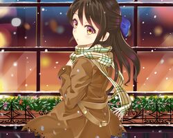  ashu brown_coat brown_eyes brown_hair coat commentary_request female hair_ribbon idolmaster idolmaster_cinderella_girls long_sleeves ponytail ribbon scarf snowing solo tachibana_arisu winter 