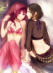  2girls amakata_miho arm_support armlet bad_id bad_pixiv_id bangle bed_sheet bra bracelet brown_eyes brown_hair coin_(ornament) curtains ear_ornament free! harem_outfit harem_pants jewelry leaf long_hair looking_at_viewer matsuoka_gou multiple_girls open_mouth pants ponytail red_bra red_eyes red_hair see-through shirosaki_(233144) short_hair sitting splash_free underwear veil 