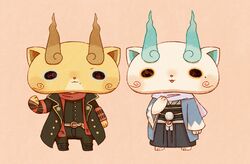  armor bad_id bad_pixiv_id blue_scarf blush brothers cosplay hakama hakama_skirt haori japanese_armor japanese_clothes kanacho kashuu_kiyomitsu kashuu_kiyomitsu_(cosplay) komajirou komasan kote looking_at_viewer mole mole_under_eye mole_under_mouth no_humans pom_pom_(clothes) red_scarf scarf shinsengumi siblings simple_background skirt standing touken_ranbu yamato-no-kami_yasusada yamato-no-kami_yasusada_(cosplay) youkai_(youkai_watch) youkai_watch 