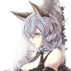  animal_ears bare_shoulders breasts cleavage commentary_request detached_sleeves erune female freesia_(granblue_fantasy) from_side glasses granblue_fantasy grey_hair hair_over_one_eye large_breasts lips looking_away purple_eyes semi-rimless_eyewear short_hair solo thana wavy_hair 