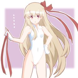  ... :o atair bare_shoulders bb_(fate) bb_(swimsuit_mooncancer)_(fate) bb_(swimsuit_mooncancer)_(fate)_(cosplay) bb_(swimsuit_mooncancer)_(third_ascension)_(fate) blonde_hair breasts commentary_request cosplay fate/grand_order fate/kaleid_liner_prisma_illya fate_(series) female gloves groin hair_ribbon hand_on_own_hip highleg highleg_leotard holding holding_ribbon illyasviel_von_einzbern legs_apart leotard long_hair looking_at_viewer outline purple_background red_ribbon ribbon simple_background small_breasts solo very_long_hair white_gloves white_leotard white_outline 