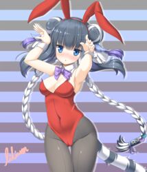  animal_ears black_hair blue_eyes blunt_bangs bow bowtie breasts commentary_request cowboy_shot detached_collar double_bun fake_animal_ears female hair_bun haku_(p&amp;d) highres leotard lilium0235 multicolored_hair pantyhose playboy_bunny purple_bow purple_bowtie puzzle_&amp;_dragons rabbit_ears rabbit_pose red_leotard solo strapless strapless_leotard striped striped_background tail tiger_ears tiger_tail two-tone_hair white_hair wrist_cuffs 