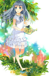  alice_jing ano_hi_mita_hana_no_namae_wo_bokutachi_wa_mada_shiranai. barefoot blue_eyes commentary dress english_commentary feline female flower grass honma_meiko long_hair nature photoshop_(medium) tree walking white_hair 