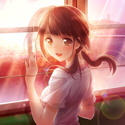  brown_eyes brown_hair commentary_request dusk enoshima female hand_on_window in-universe_location indoors kamakura_(city) lens_flare long_hair looking_at_viewer looking_back low_twintails ocean okita_sawa open_mouth photoshop_(medium) shirt smile solo sunset tari_tari train_interior twintails upper_body white_shirt window yamori_(stom) 