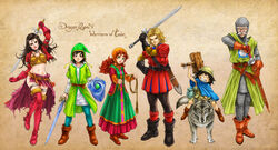  aira_(dq7) commentary_request curly_hair dragon_quest dragon_quest_vii fayse gabo hat hero_(dq7) hood kiefer long_hair maribel_(dq7) midriff multiple_boys multiple_girls navel red_hair sir_mervyn 