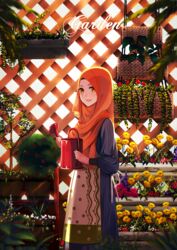  abaya apron blue_dress blurry brown_eyes commentary_request depth_of_field dress english_text feet_out_of_frame female floral_print flower garden highres hijab holding long_sleeves looking_at_viewer muslim orange_headwear original persona92 pink_apron pinstripe_dress pinstripe_pattern plant smile solo standing striped watering_can 