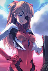  angry blue_eyes cloud commentary_request copyright_name covered_navel day evangelion:_3.0_you_can_(not)_redo eyepatch female hand_on_own_hip holding long_hair neon_genesis_evangelion orange_hair partial_commentary photoshop_(medium) plugsuit rebuild_of_evangelion skin_tight solo souryuu_asuka_langley yakinasu 