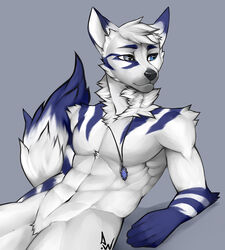  2016 5_fingers abs angiewolf anthro blue_eyes canid canine canis digital_media_(artwork) featureless_crotch fingers fur hair male mammal neolykos shaded simple_background smile solo white_body white_fur white_hair wolf 